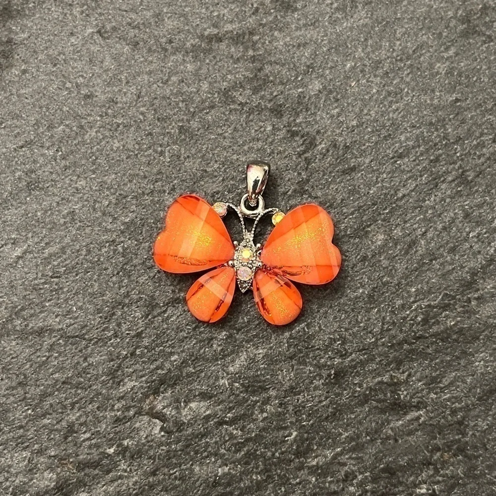Orange Crystal Butterfly Pendant Necklace – Silver Tone Chain Sparkly Statement